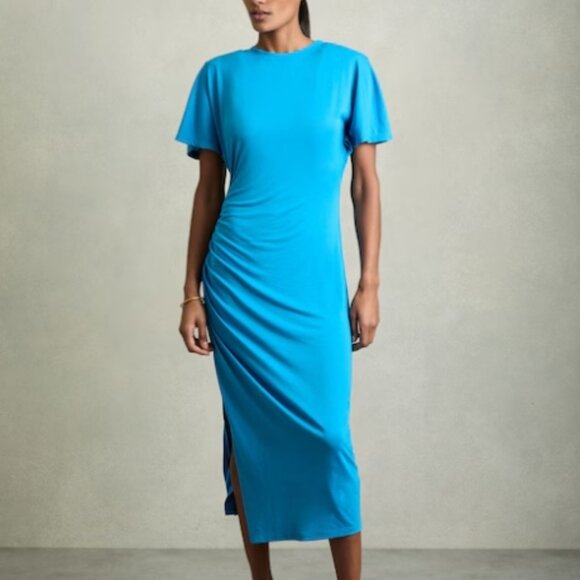Reiss Tulia - Bright Blue Modal-Blend Ruched Midi Dress US 6